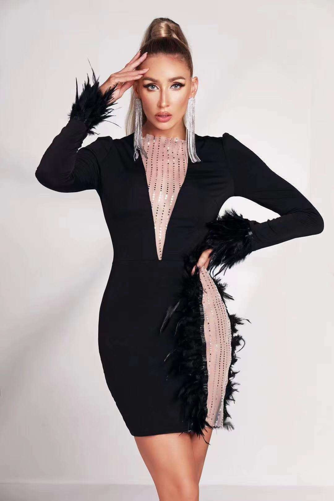 Mesh Sequ Feather Bandage Dress