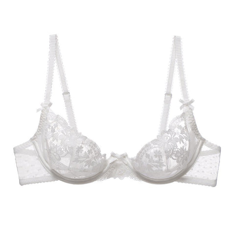 Sexy Floral Pure Sweet Upper Support Lace Ribbon Steel Ring Hollow Out Cutout Ultra Thin Bra