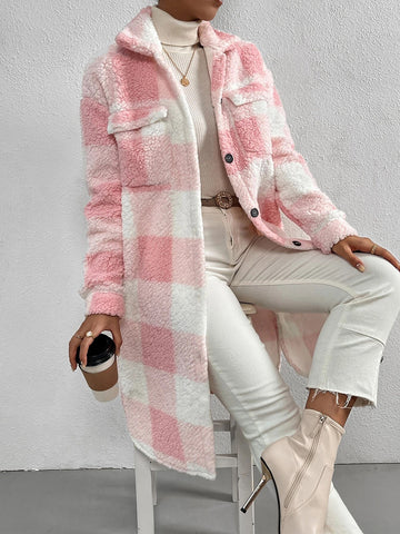 Collared Plush Plaid Coat