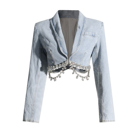 Denim Top Hip Wrapped Skirt Diamond Embedded Suit Women