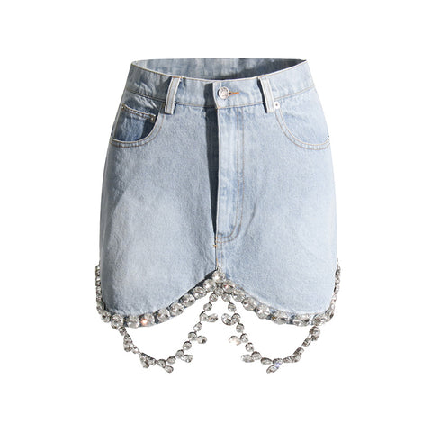 Denim Top Hip Wrapped Skirt Diamond Embedded Suit Women