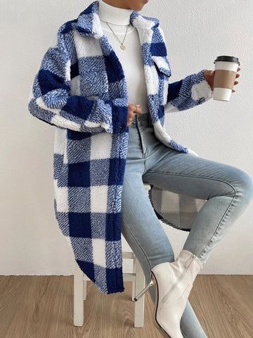 Collared Plush Plaid Coat