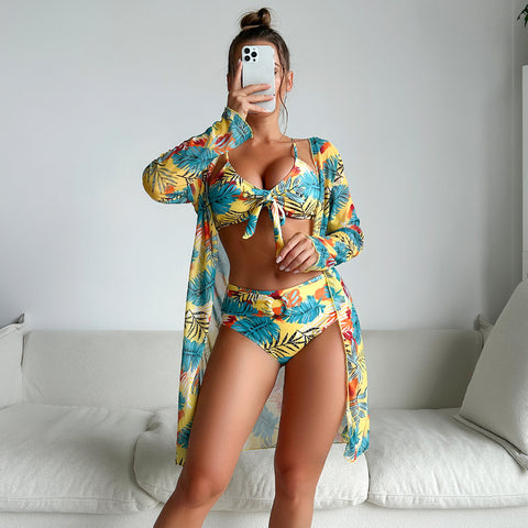 Swimsuit Women Two Piece Printed Long Sleeve Internet Celebrity Bikini Three Piece Swimsuit