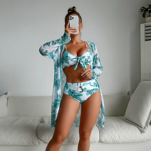 Swimsuit Women Two Piece Printed Long Sleeve Internet Celebrity Bikini Three Piece Swimsuit