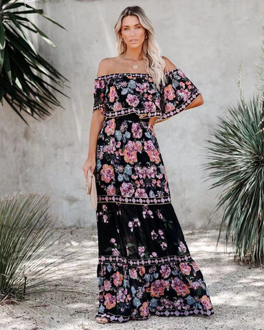 Spring Summer off Shoulder Red Floral Printed Long Large Hem Dress