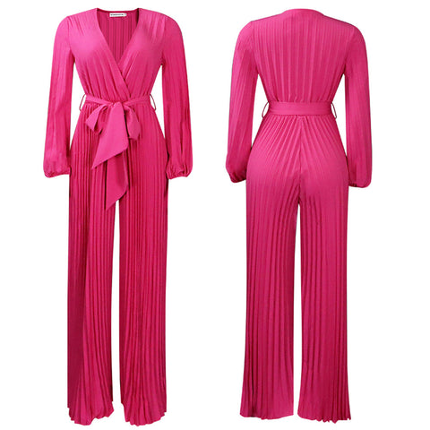 V neck Pleated Wide Leg Jumpsuit