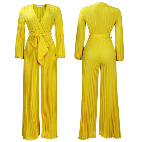 V neck Pleated Wide Leg Jumpsuit