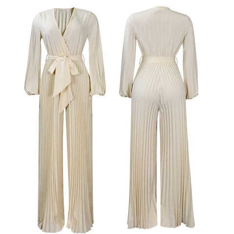 V neck Pleated Wide Leg Jumpsuit