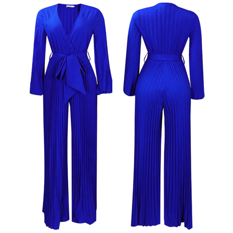 V neck Pleated Wide Leg Jumpsuit