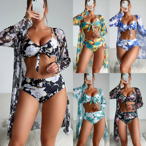 Swimsuit Women Two Piece Printed Long Sleeve Internet Celebrity Bikini Three Piece Swimsuit