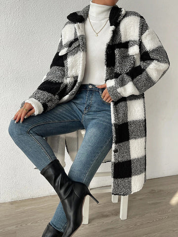 Collared Plush Plaid Coat