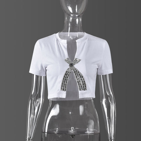 Women Summer Cropped Split Rhinestone Top T shirt Women Clothing