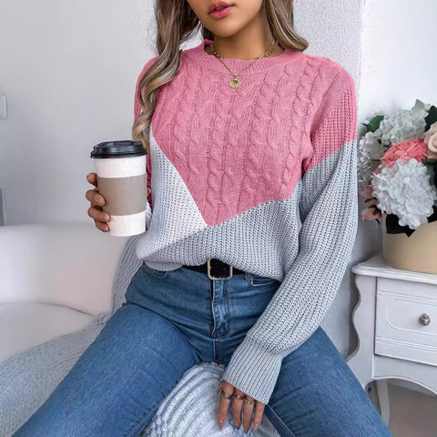 Autumn Winter Casual Plain Stitch Contrast Color Twist Knitted Long Sleeve Pullover Women Clothing