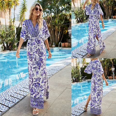 Vacation Style Summer V-neck Seaside Slimming Loose Long Dress Women