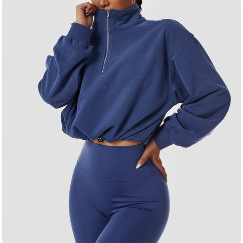 Drawstring Zipper High Collar Loose Sleeve Pullover