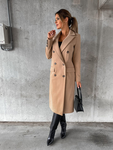 Long Sleeve Double Row Button Woolen Coat Women