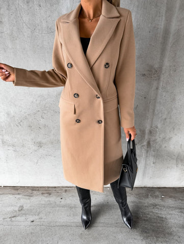 Long Sleeve Double Row Button Woolen Coat Women