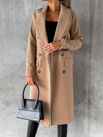 Long Sleeve Double Row Button Woolen Coat Women