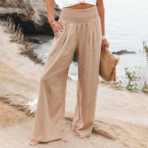 Linen Solid Elastic Waist Wide Leg Pants