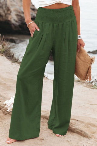 Linen Solid Elastic Waist Wide Leg Pants