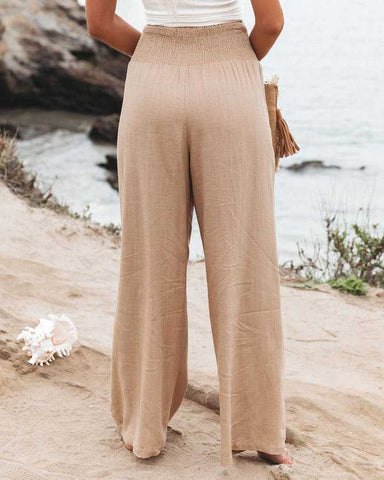 Linen Solid Elastic Waist Wide Leg Pants