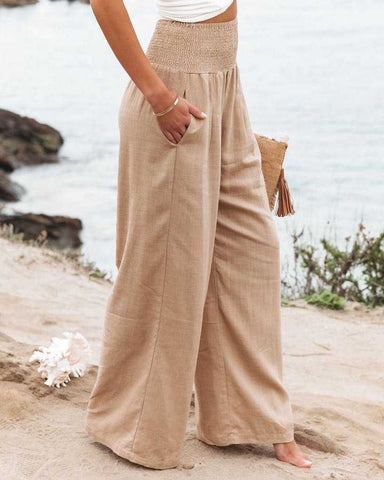 Linen Solid Elastic Waist Wide Leg Pants