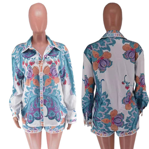 Printed Long Sleeve Shorts Suit