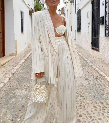 High Waist Ptripe Double Breasted Blazer Suit