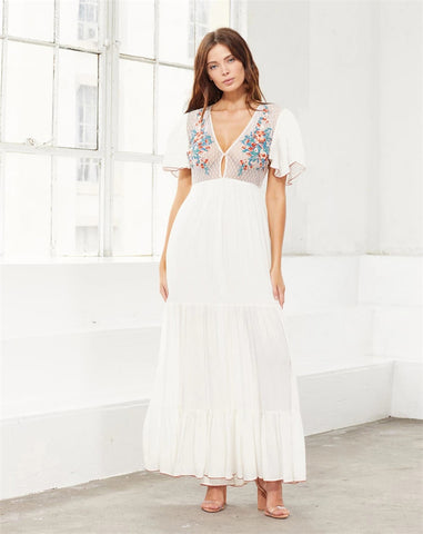 Embroidered V Plunge Plunge Maxi Dress