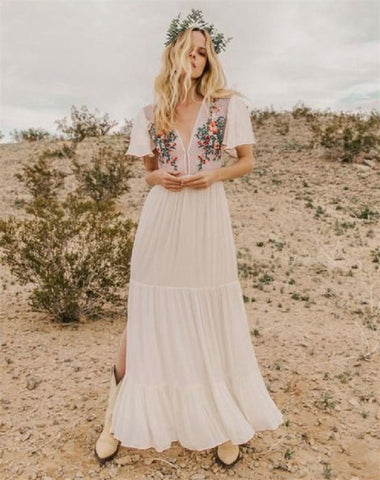 Embroidered V Plunge Plunge Maxi Dress