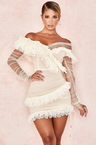 One Shoulder Asymmetric Mesh  Sleeve Lace Stitch Dress