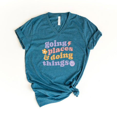 Going Places and Doing Things Graphic V-Neck Tee