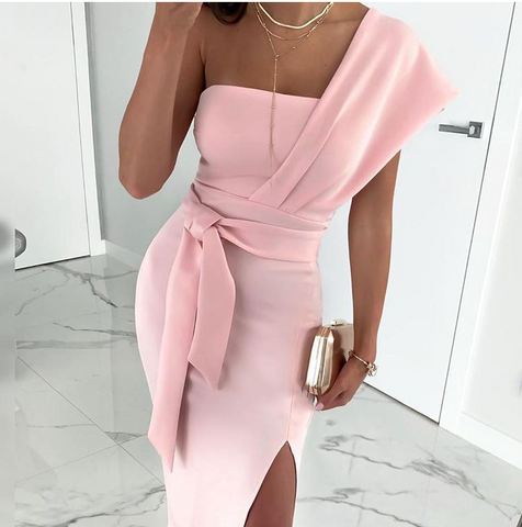 One Shoulder Slit Bandeau Party Dress