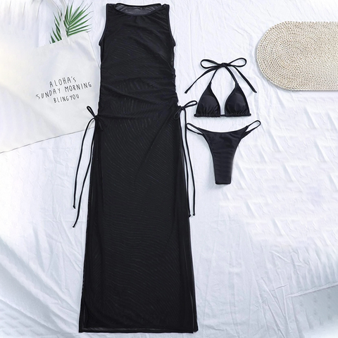 Black 3 pieces set High neck swimwear