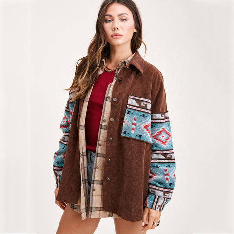 Nostalgic Fried Floral Corduroy Aztec Stitching Printing Pocket Long Sleeve Coat Women  Jacket