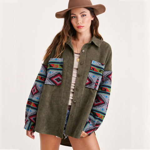 Nostalgic Fried Floral Corduroy Aztec Stitching Printing Pocket Long Sleeve Coat Women  Jacket