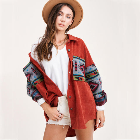 Nostalgic Fried Floral Corduroy Aztec Stitching Printing Pocket Long Sleeve Coat Women  Jacket