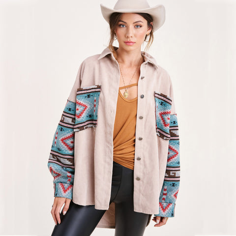 Nostalgic Fried Floral Corduroy Aztec Stitching Printing Pocket Long Sleeve Coat Women  Jacket