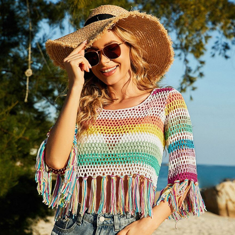 Crochet Knitted Mixed Color Bikini Beach Shirt