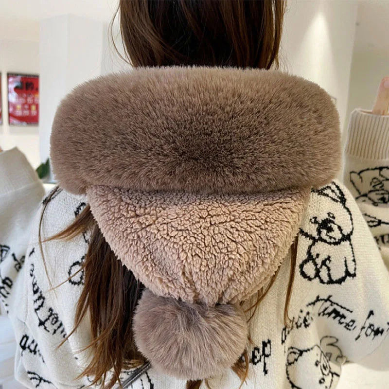 New Winter Warm Hat Scarf Set for Women Lady Soft Plush Fleece Pompom Beanies Pullover Caps Mask Casual Outdoor Faux Fur Bonnet