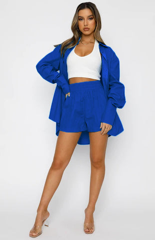 Lapel Sleeve High Waist Shorts Two-Piece Set