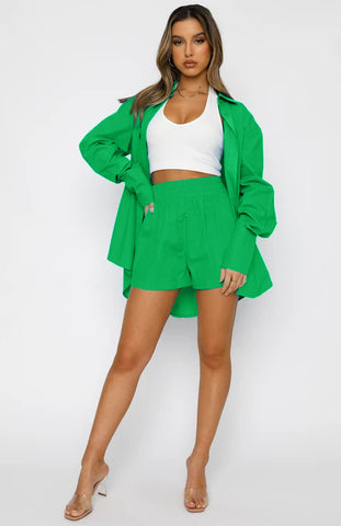 Lapel Sleeve High Waist Shorts Two-Piece Set