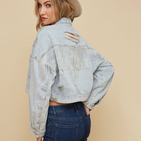 Ripped Rhinestone Tassel Denim Jacket