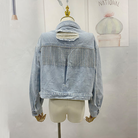 Ripped Rhinestone Tassel Denim Jacket