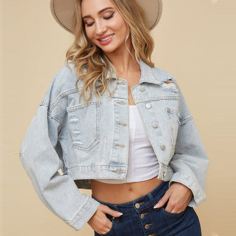 Ripped Rhinestone Tassel Denim Jacket