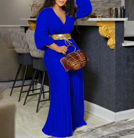 V neck Pleated Wide Leg Jumpsuit