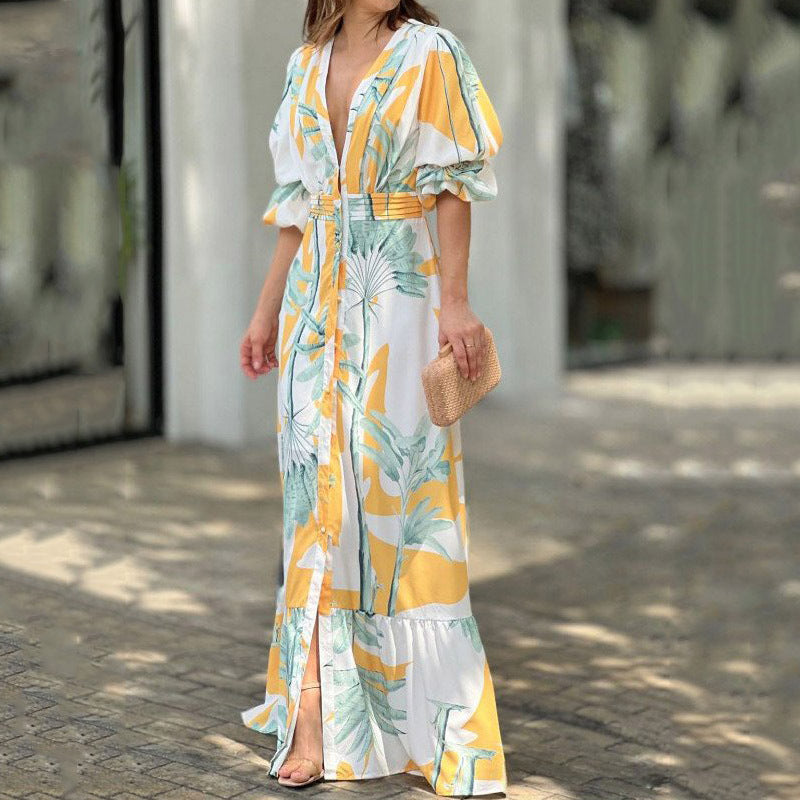 V neck Puff Sleeve Maxi Dress