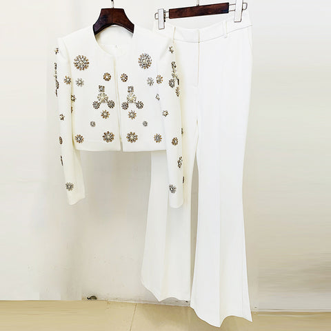 Industry Beads Short Jacket Split Flared Pants Blazer Suit Set