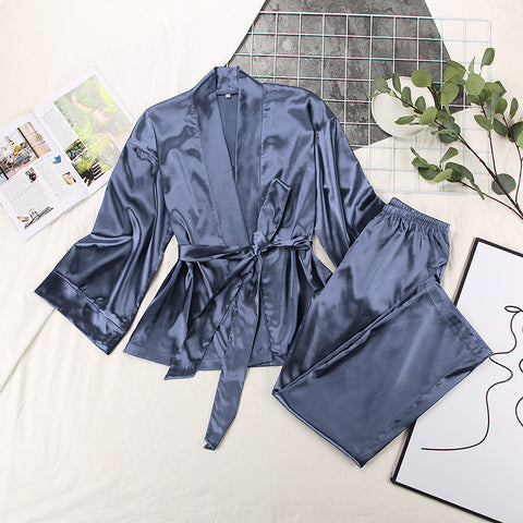 Satin Long Sleeve Cardigan Lace up Nightgown Set