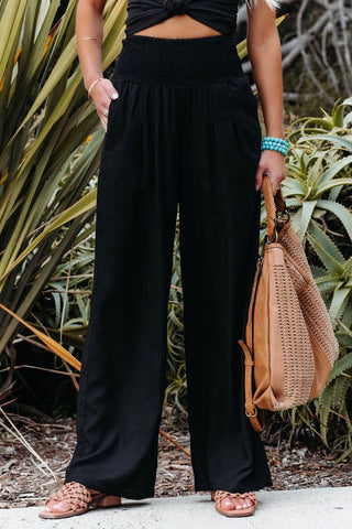 Linen Solid Elastic Waist Wide Leg Pants